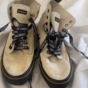 Dr. Martens Cream Canvas High-Top Sneakers with Black Soles and Yellow Trim
